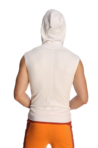 White sleeveless yoga hoodie made of soft fabric with a hood designed for comfortable workouts