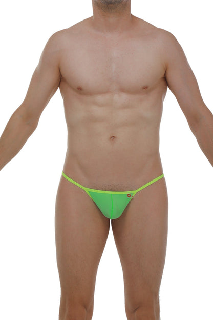 Bright neon green slingshot herat thong with thin waistband and small logo on the side perfect for bold wear