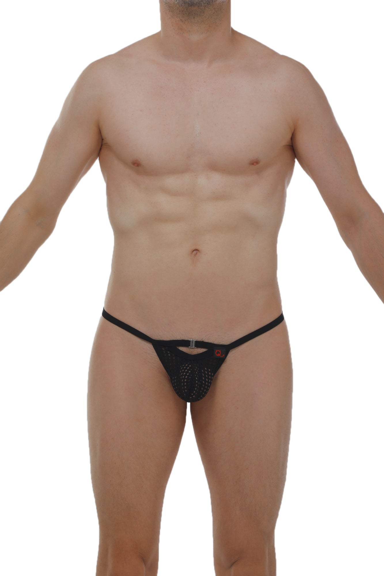Black mesh thong slingshot rahart durtol with central metal clasp and small red logo detail visible on front side