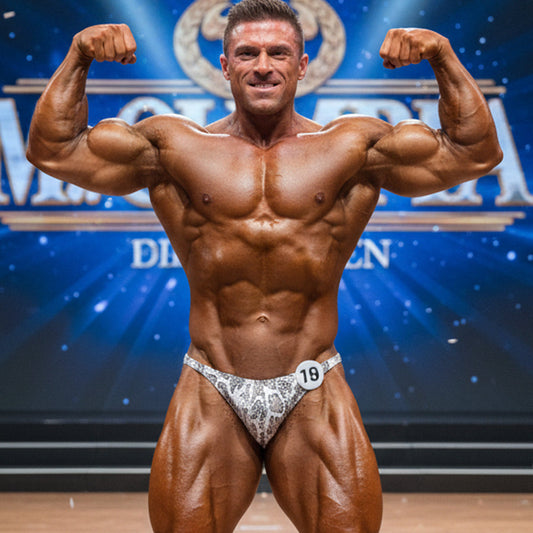A muscular man wearing metroMaleWear white and gray snake skin posing suit competition briefs with the number 18 pinned