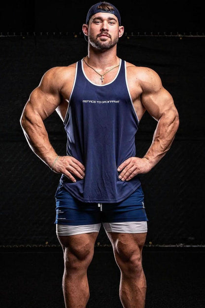 Jed North Men's Fast-Dry Bodybuilding Workout Stringer - Navy w/ White Menace