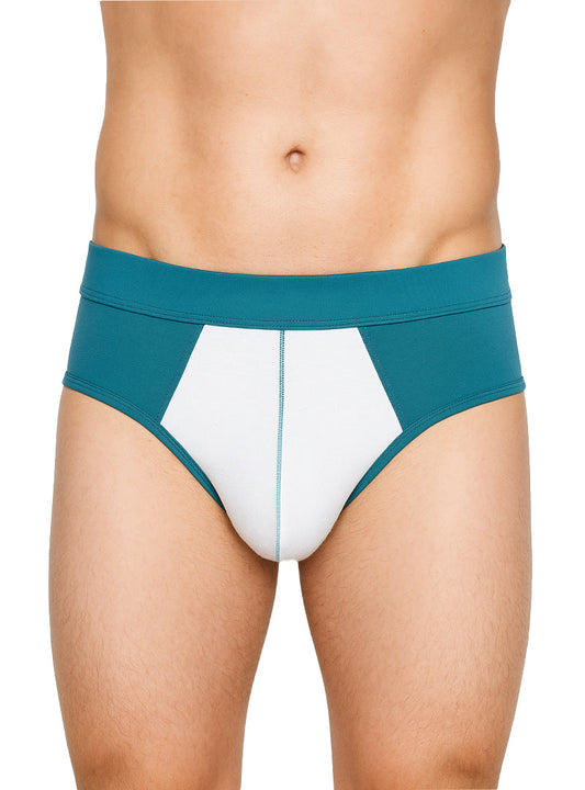 Teal and white soft stretch contrast brief athletic briefs with geometric panel design for active wear