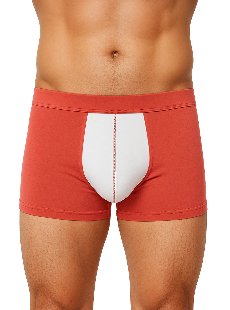 Red and white soft stretch contrast trunk boxer briefs with a central white panel and subtle stitching detail