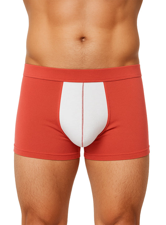 Red and white soft stretch contrast trunk boxer briefs with a central white panel and subtle stitching detail