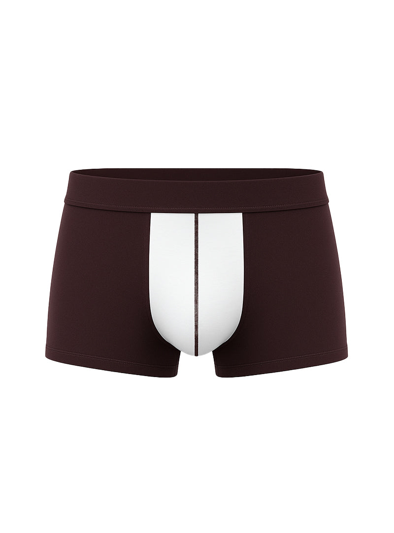 Soft stretch contrast trunk dark brown boxer briefs with central white panel and thin black vertical stripe