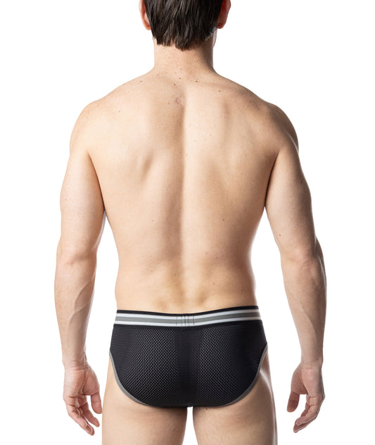 Rear view of black mesh briefs with a striped elastic waistband on a white background.