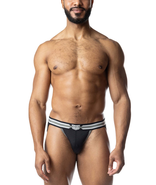 Black jockstrap with a mesh pouch and striped elastic waistband featuring a logo.