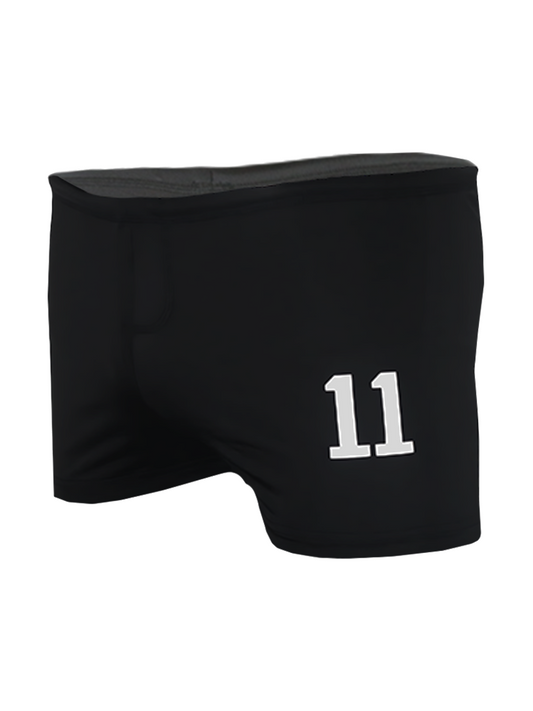 Black square trunk athletic shorts with white 11 number embroidered on front for activewear use