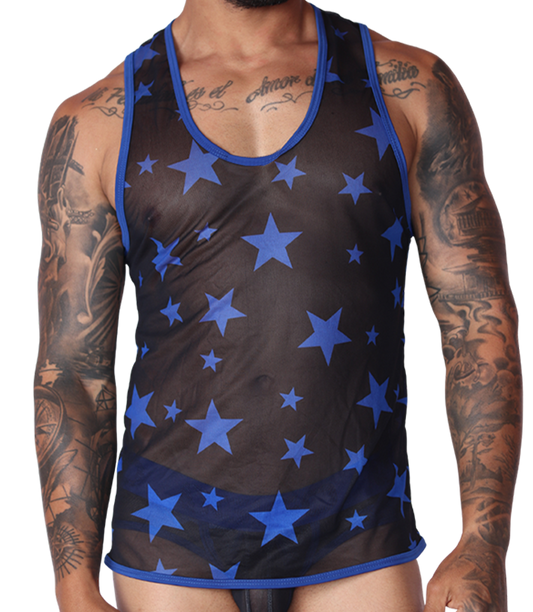 Front view of Gigo sheer black mesh tank top with blue star print and blue trim.