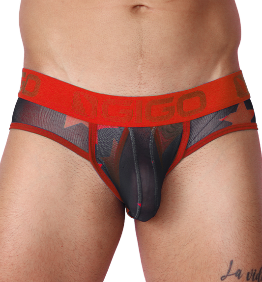 Front view of Gigo red star print mesh brief with an orange logo waistband and contour pouch.
