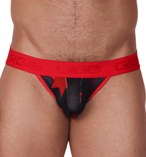 Front view of Gigo Star red jockstrap featuring black mesh fabric with red star print and logo elastic waistband.