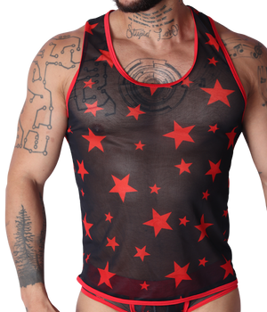 Front view of Gigo Star red and black sheer mesh tank top with all-over red star print and red trim.