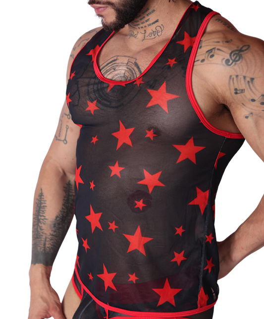 Gigo sheer black mesh tank top with red stars and red trim, side view showing fit on muscular tattooed model.