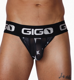 Front view of Gigo star print black mesh jockstrap with black branded logo waistband.