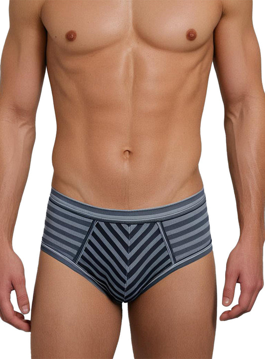 Stretch comfort brief men’s gray and navy blue striped briefs with chevron pattern for flexible everyday support