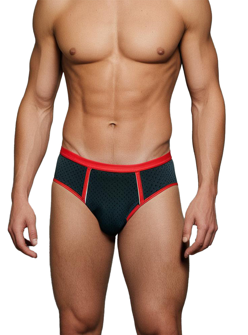 Black stretch mesh brief with red trim and perforated breathable mesh detailing for athletic use