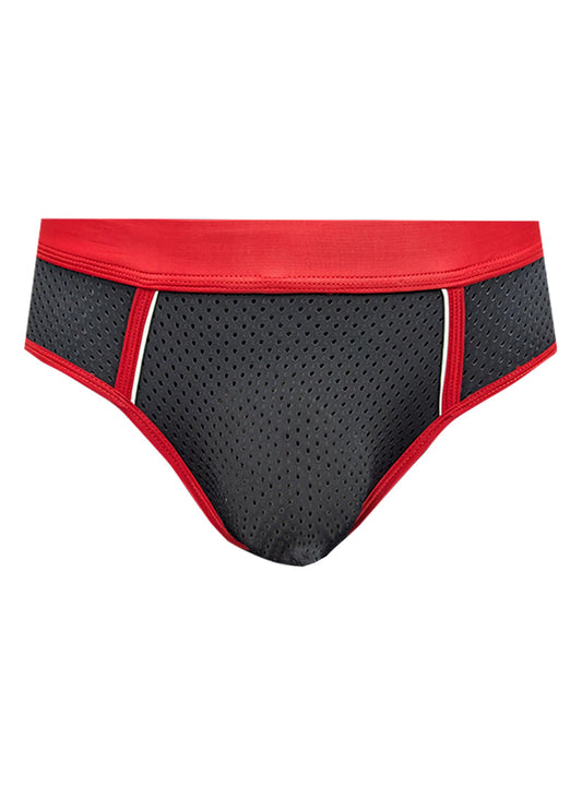 Black stretch mesh briefs with red trim and white piping highlighting breathable lightweight design