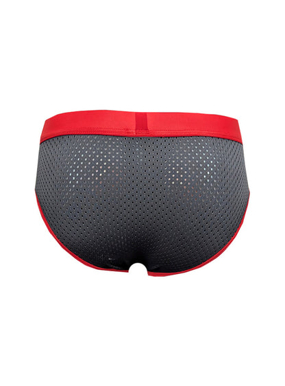 Black stretch mesh briefs with red waistband and trim designed for comfortable everyday wear
