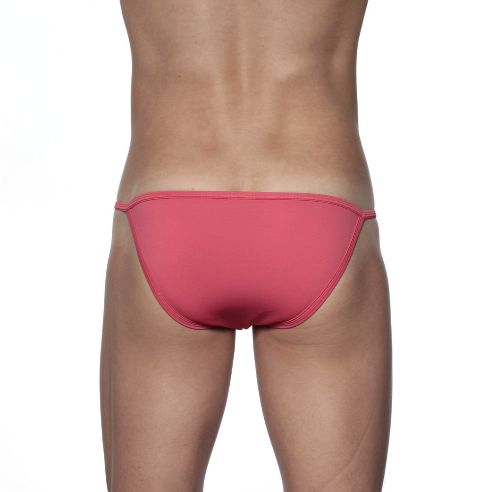 Groovin string bikini rouge red coral pink swim trunks with smooth fabric and thin side ties front view