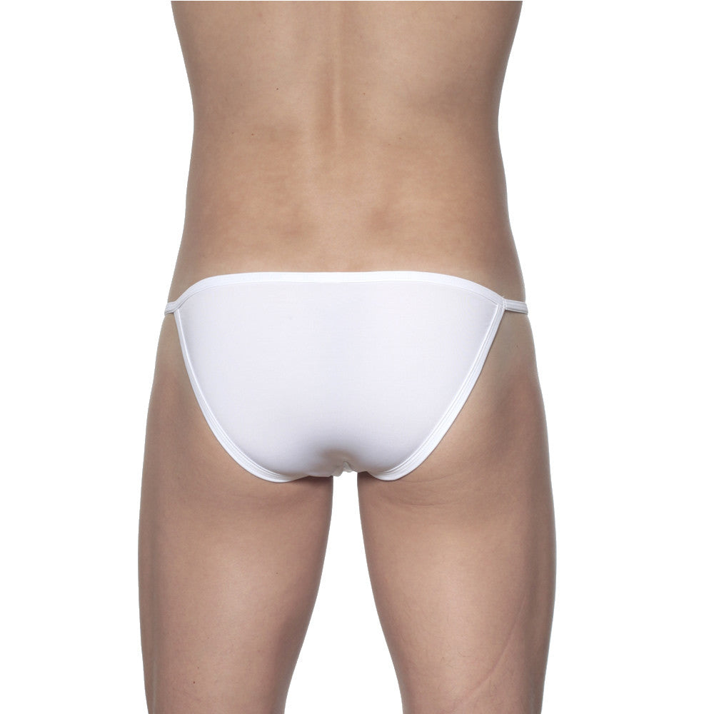 White minimalist groovin string bikini thong made of smooth fabric with sleek design front view