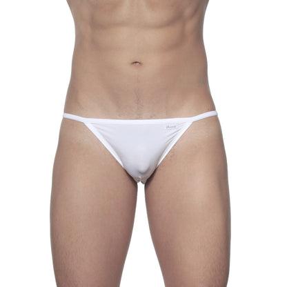 White minimalist Groovin string bikini thong made of smooth fabric with subtle logo on the waistband visible from front