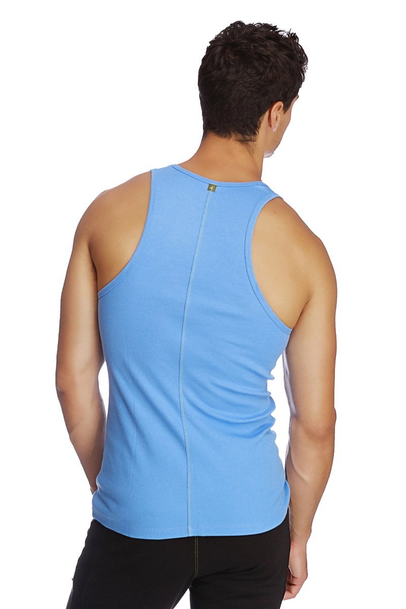 Light blue form-fitting athletic sustain tank with central seam and small logo at neckline ideal for workouts