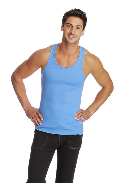 Light blue sustain tank with sleeveless design and rounded neckline made from breathable fabric for active wear