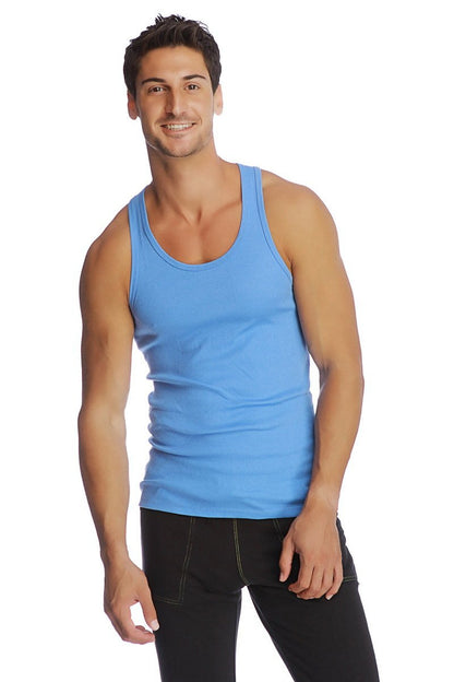 A light blue sleeveless sustain tank with a rounded neckline and fitted design for casual wear