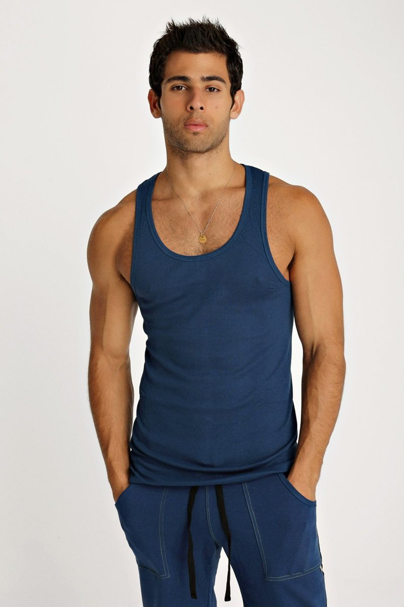 A navy blue sustain tank royal sleeveless fitted top made from sustainable material for casual wear