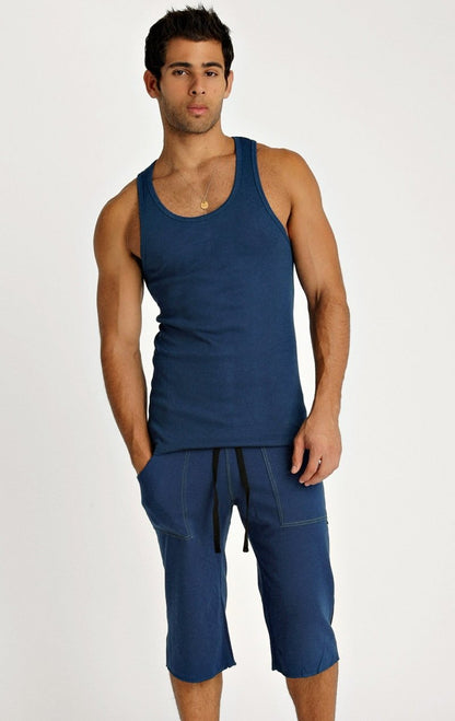 Men’s navy blue Sustain tank sleeveless top with rounded neckline and matching capri shorts for active wear