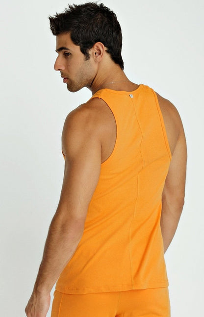 Orange sleeveless athletic sustain tank top made from eco-friendly fabric for active wear and outdoor activities