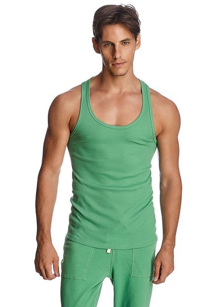 Green ribbed cotton tank top with scoop neckline and matching green pants from sustain tank top bamboo green collection