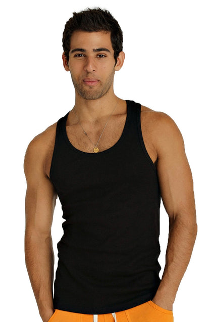 Black sleeveless sustain tank top with fitted design made from sustainable material for casual wear