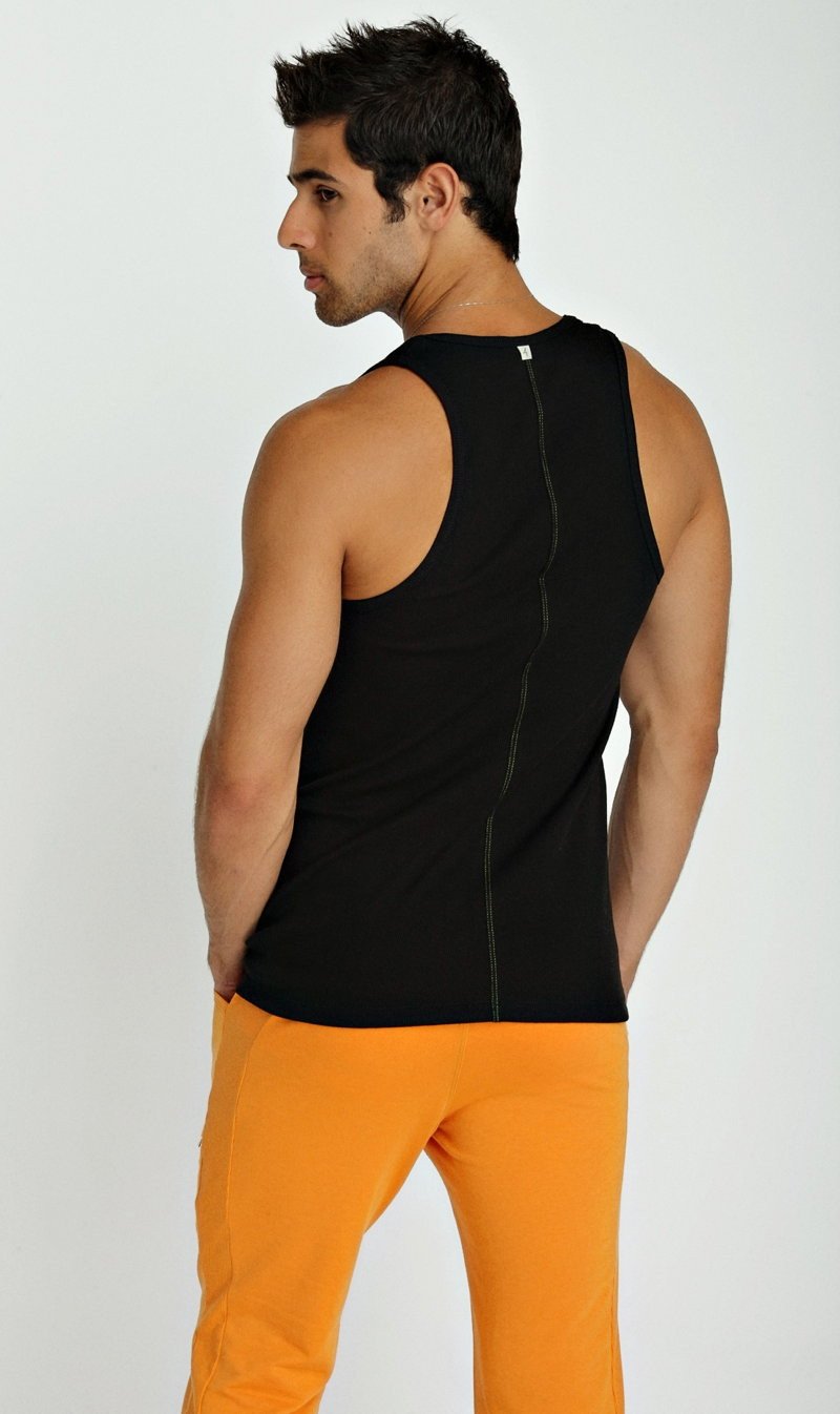 Back view of a black sleeveless athletic sustain tank top with a central zipper ideal for workouts