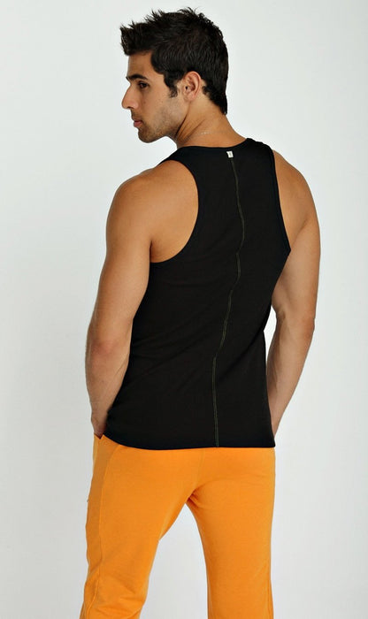 Back view of a black sleeveless athletic sustain tank top with a central zipper ideal for workouts