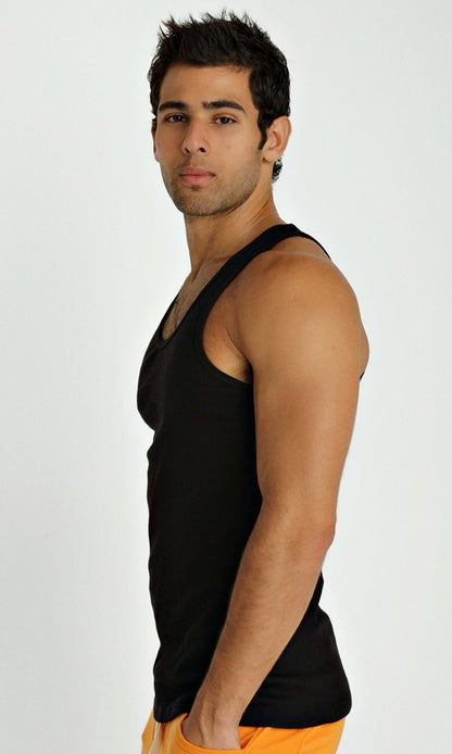 Black sleeveless sustain tank top with fitted form-fitting design ideal for active and casual wear