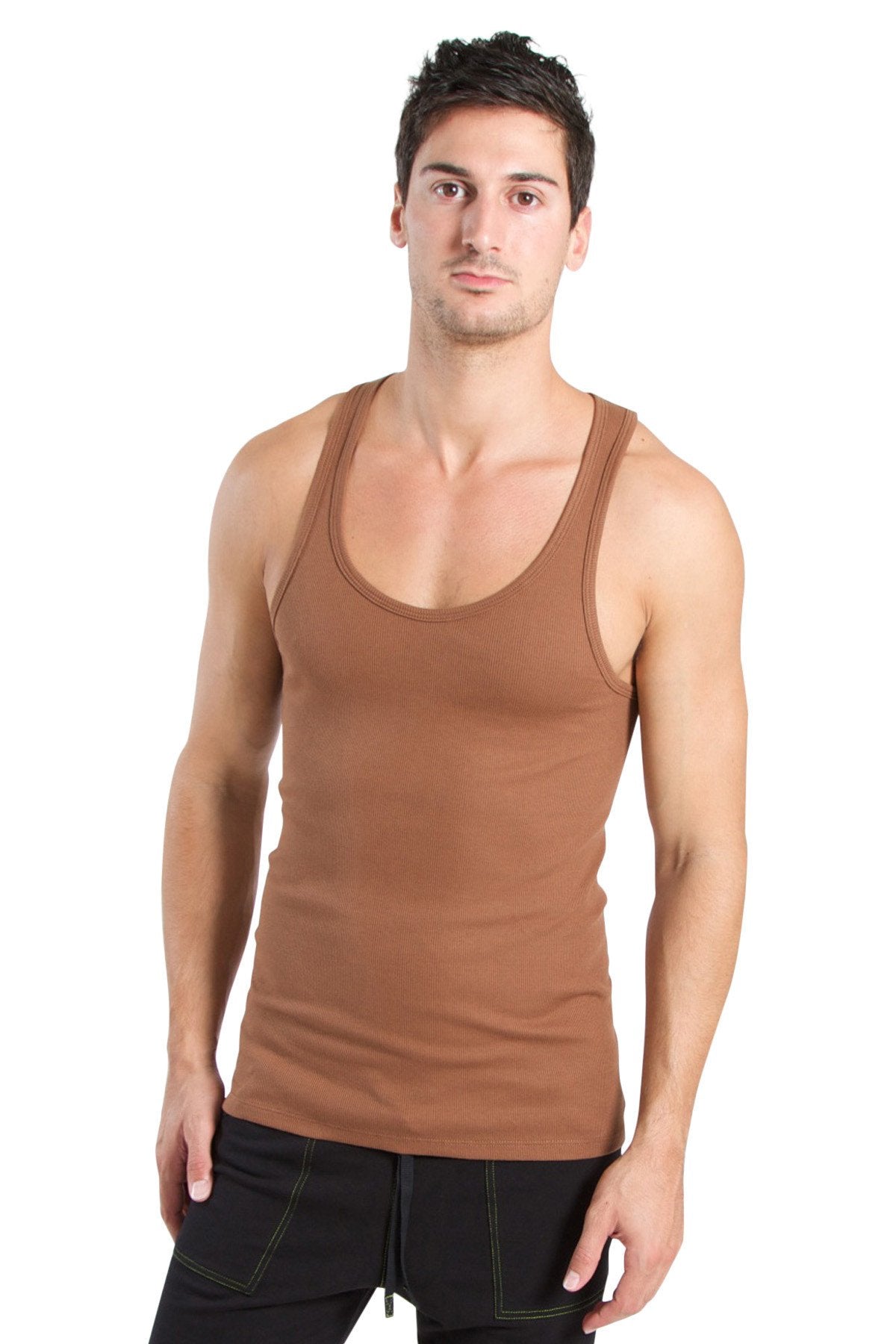Brown sleeveless sustain tank top with a rounded neckline and simple fitted design in chocolate brown