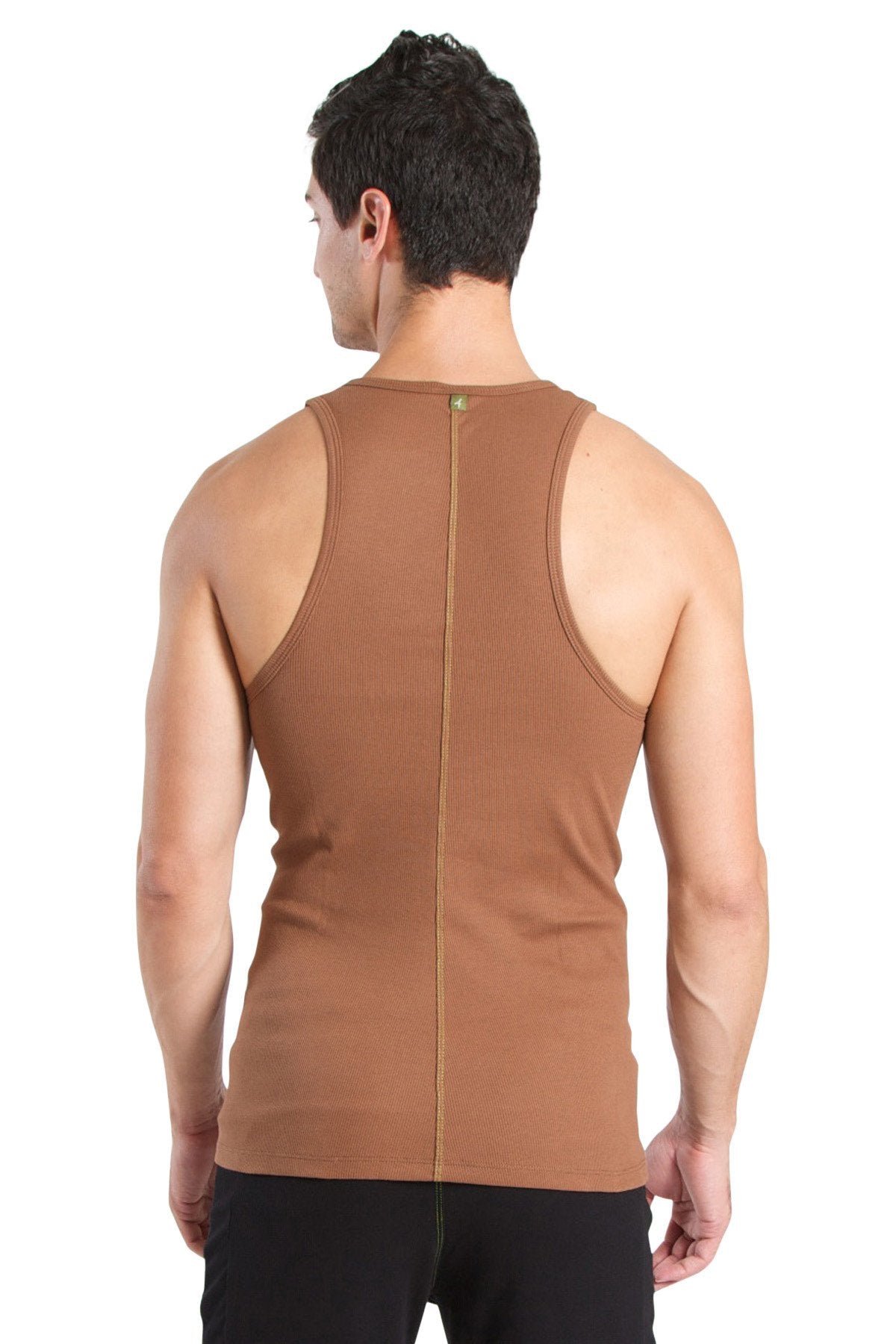 Back view of sustain tank top in chocolate brown ribbed cotton with a central zipper down the back