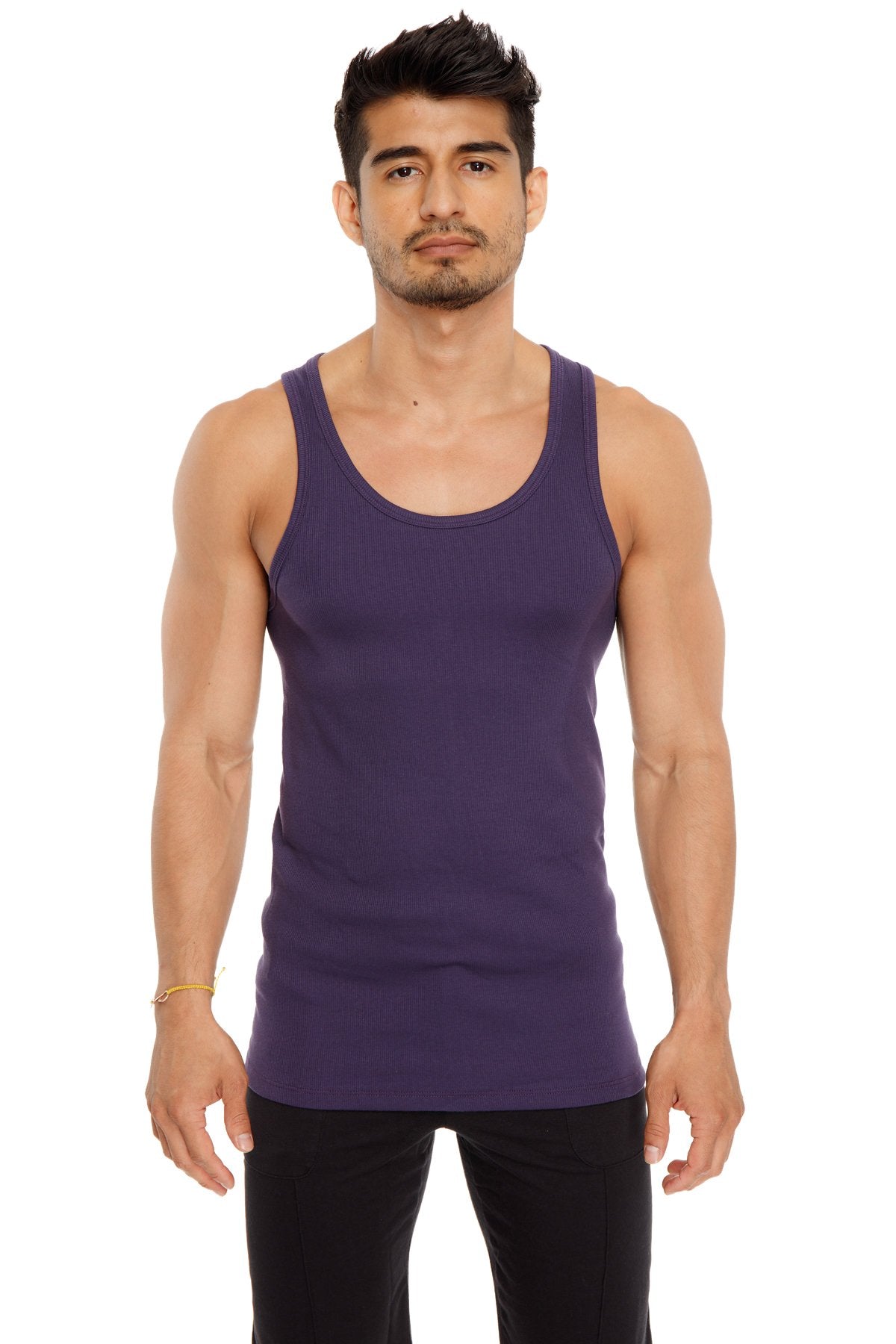 Purple sleeveless sustain tank top with rounded neckline and fitted silhouette in eggplant purple