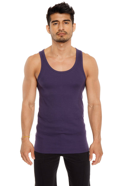 Purple sleeveless sustain tank top with rounded neckline and fitted silhouette in eggplant purple