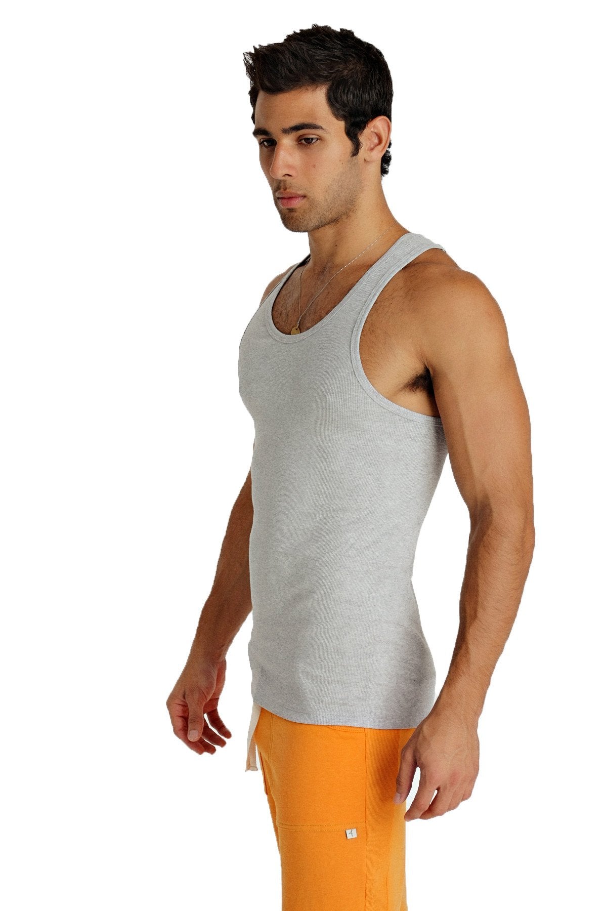A light gray ribbed cotton sustain tank top with a classic scoop neckline for casual wear