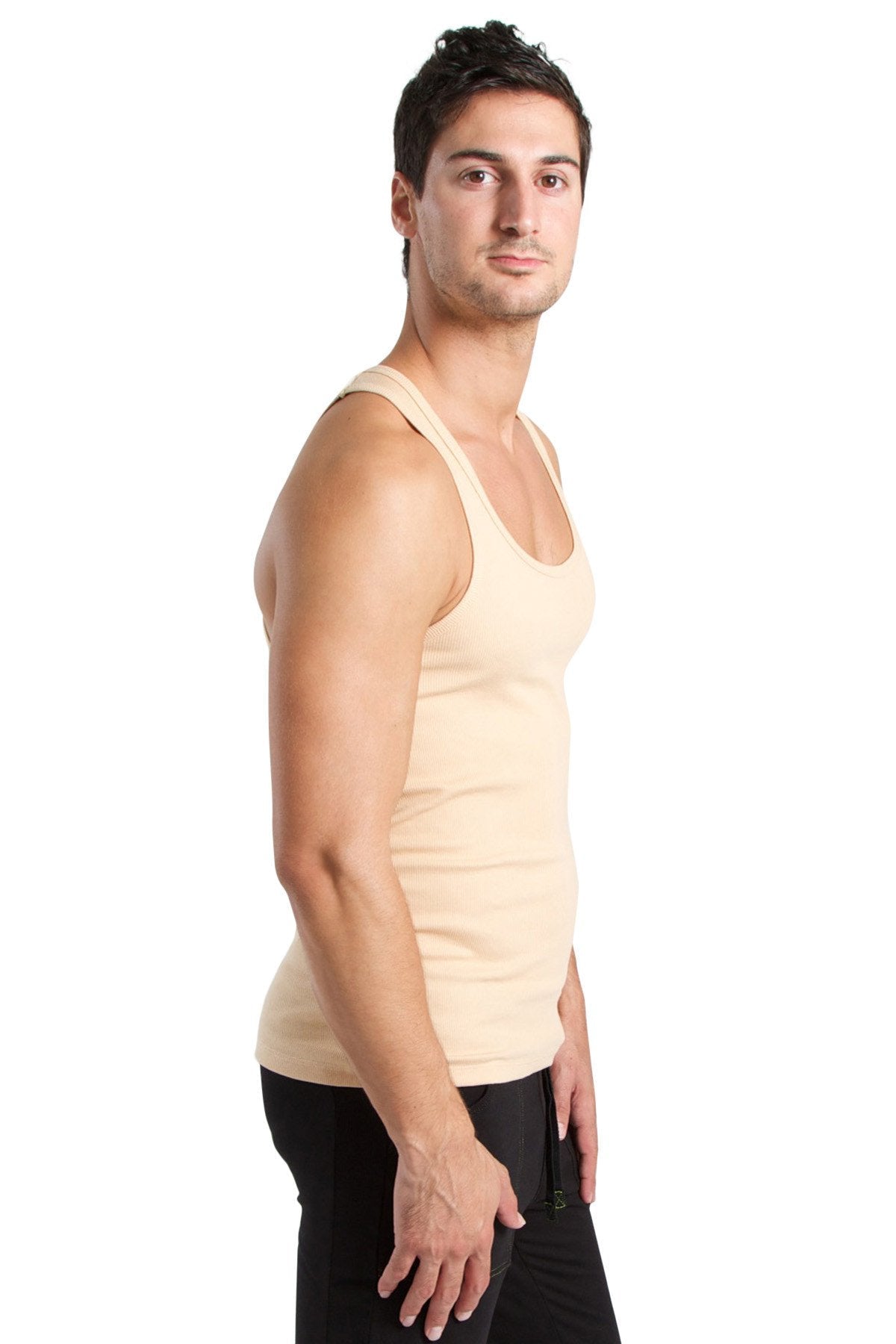 Beige cotton sustain tank top in sand beige with a simple fitted design perfect for casual wear