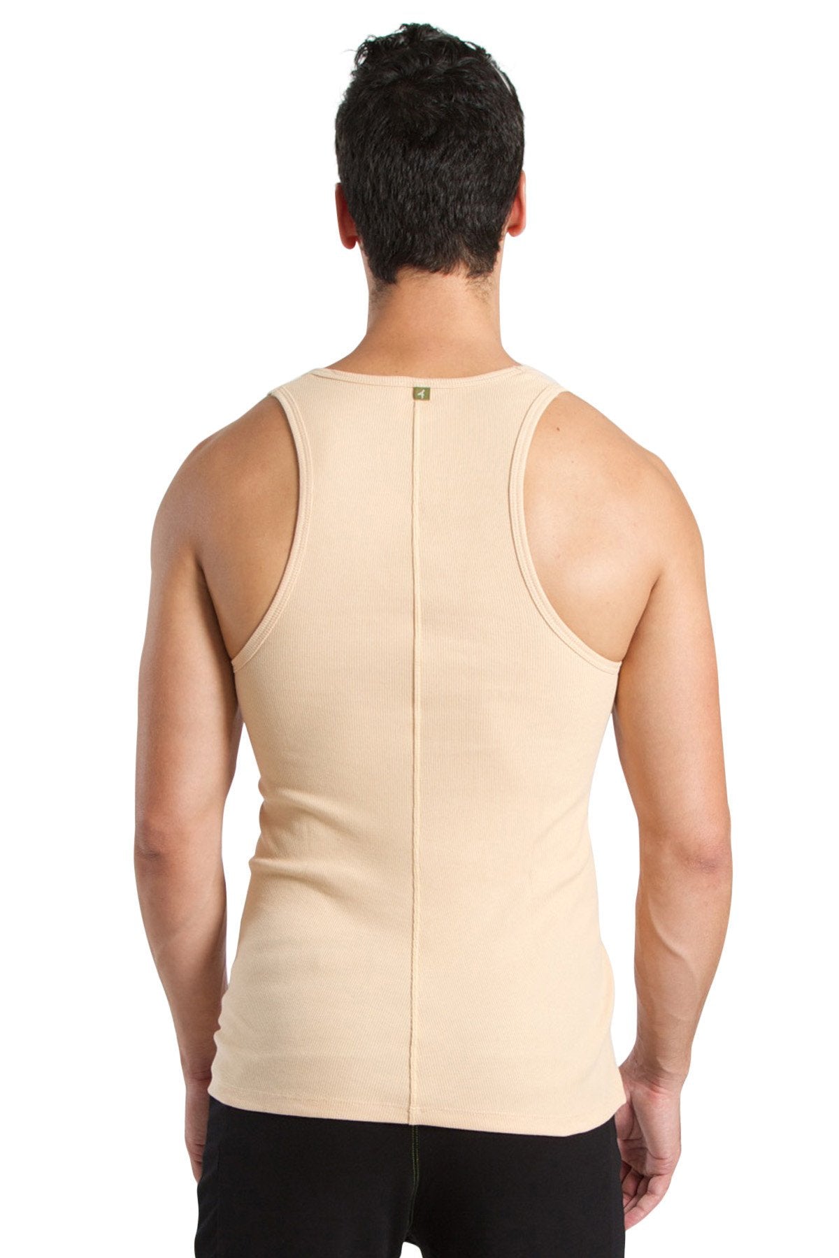 Beige stretchy men’s tank top showing back with central seam in sand beige sustain tank top design