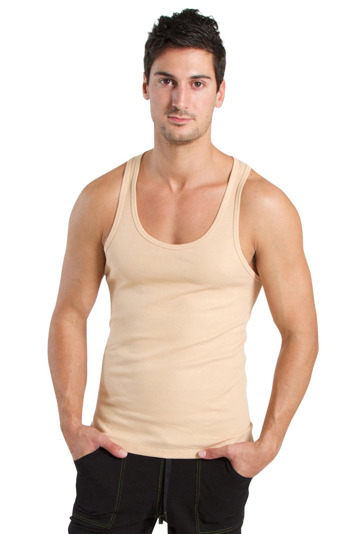 Beige cotton sustain tank top in sand beige with scoop neckline and thin straps for casual wear