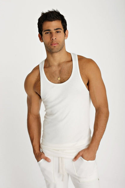 White cotton sustain tank top with a simple classic design and soft breathable fabric for everyday wear