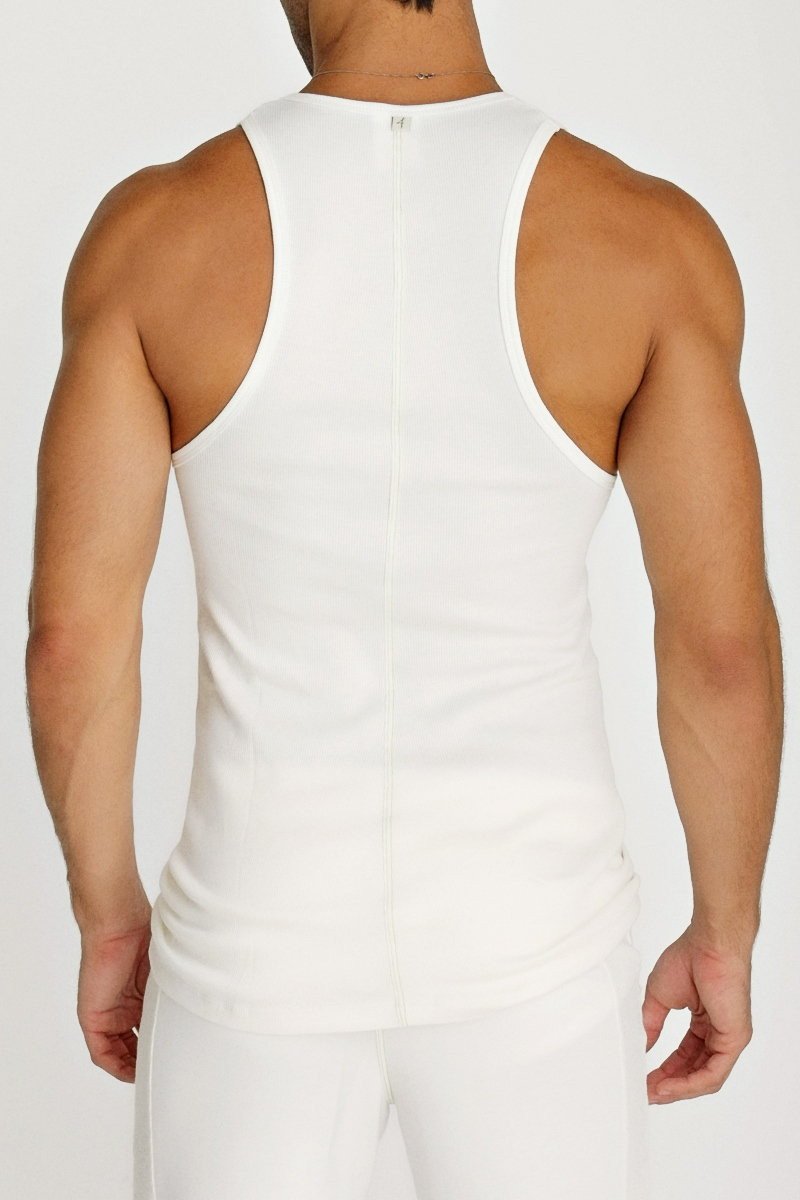 White sleeveless athletic tank top sustain tank top with central back zipper and fitted design
