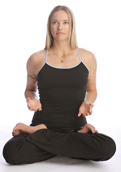 Black sustain yoga halter tank top with gray strap trim designed for comfortable active wear