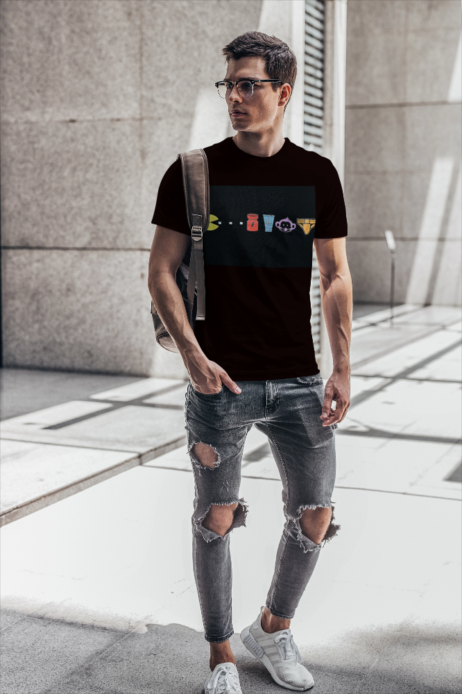 Black short-sleeved t-shirt by t-shirt monkey featuring colorful classic video game characters graphic design