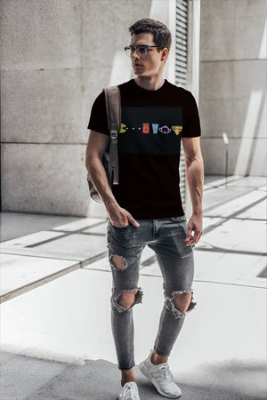 Black short-sleeved t-shirt by t-shirt monkey featuring colorful classic video game characters graphic design