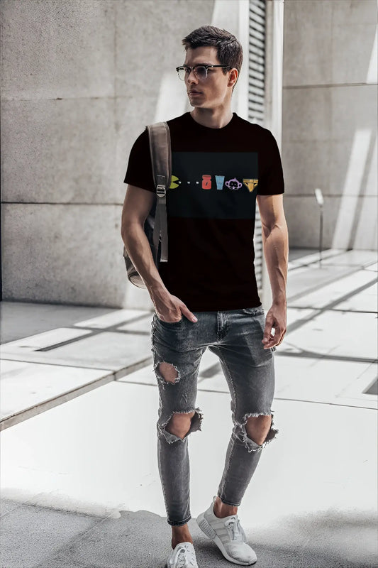 Black short-sleeved t-shirt by t-shirt monkey featuring colorful classic video game characters graphic design